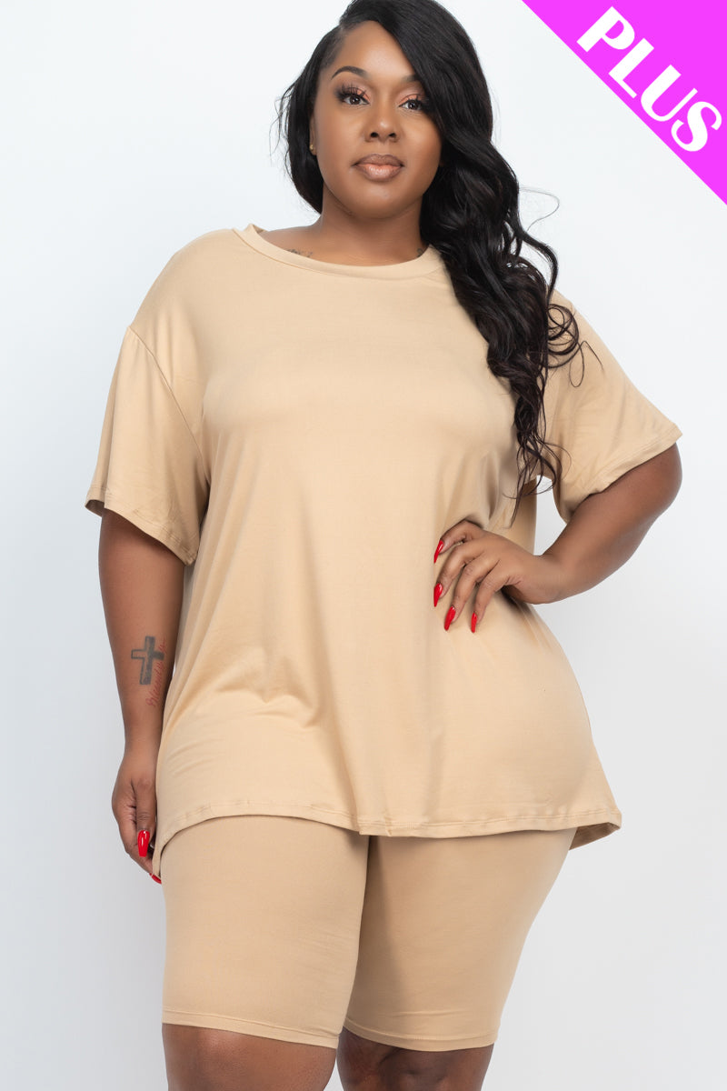 Relaxed Fit Top and Biker Shorts Set for Plus Sizes