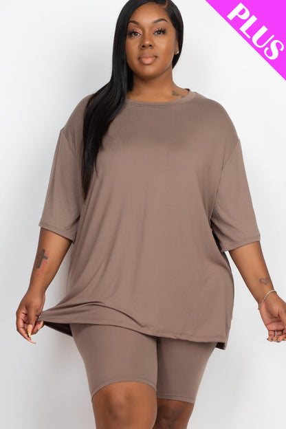 Relaxed Fit Top and Biker Shorts Set for Plus Sizes