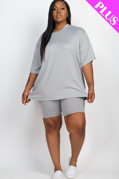 Relaxed Fit Top and Biker Shorts Set for Plus Sizes