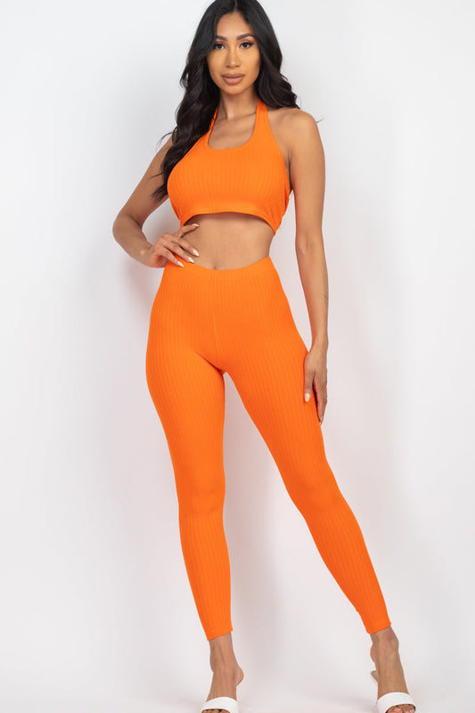 Ribbed Halter Neck Crop Top and Leggings Set with Back Tie