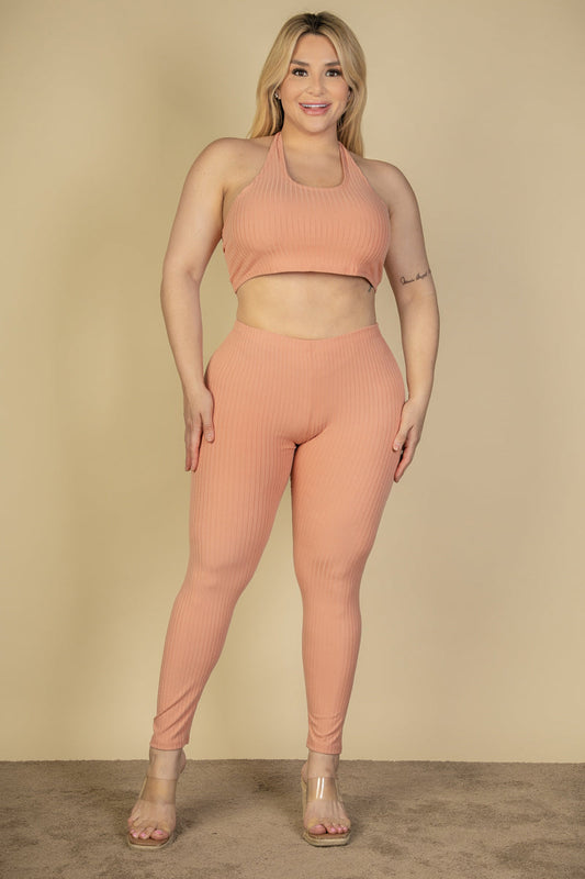 Sets with Ribbed Halter Neck Crop Top and Leggings in Plus Size, featuring Back Ties