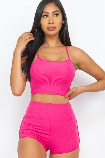 Ribbed Crop Cami Top and Ruched Shorts Set