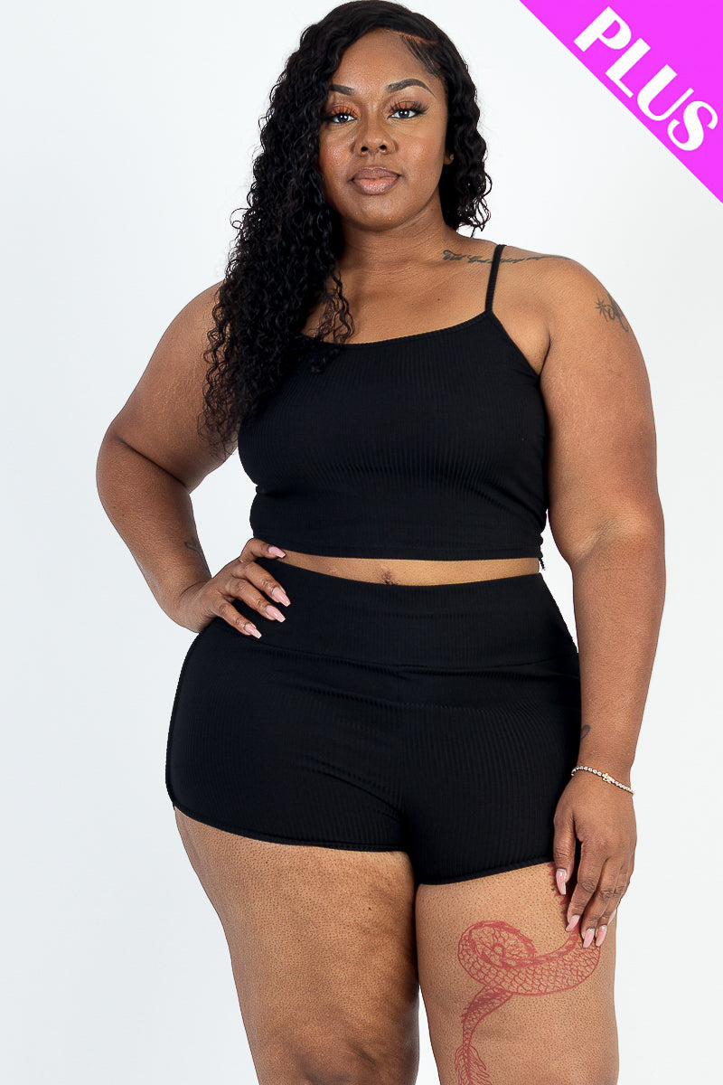 Ribbed Crop Top and Ruched Shorts Set in Plus Size, featuring a Cami Design