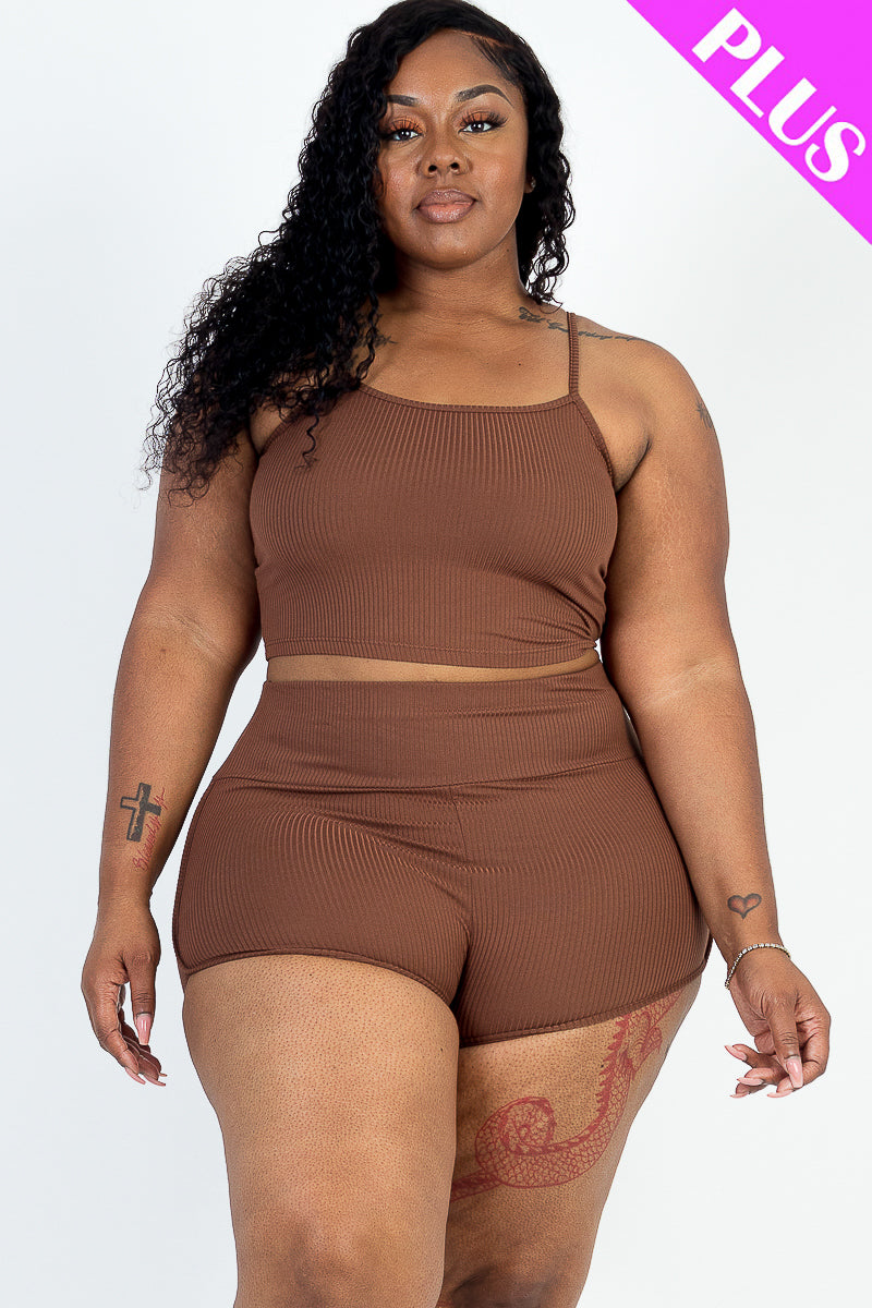 Ribbed Crop Top and Ruched Shorts Set in Plus Size, featuring a Cami Design