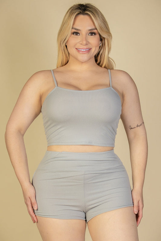 Ribbed Crop Top and Ruched Shorts Set in Plus Size, featuring a Cami Design