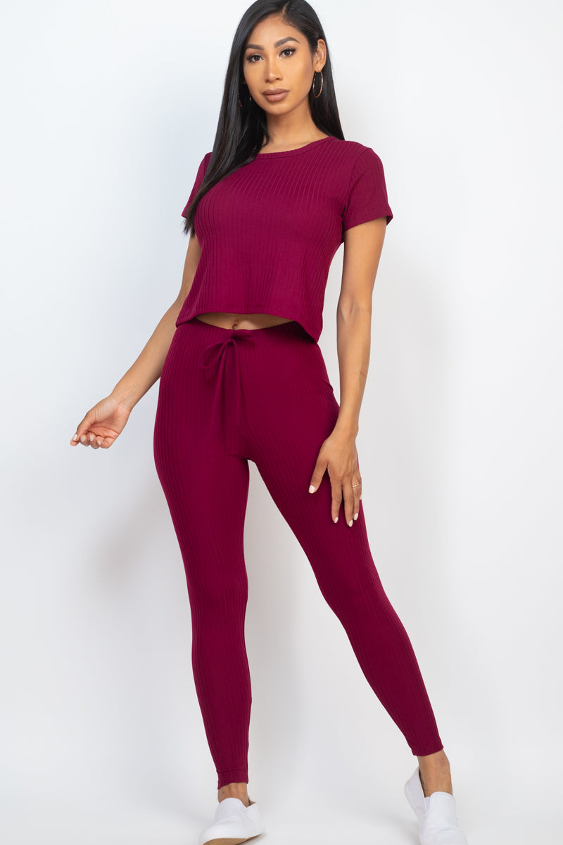 Textured Short-Sleeve Top & Leggings Ensemble