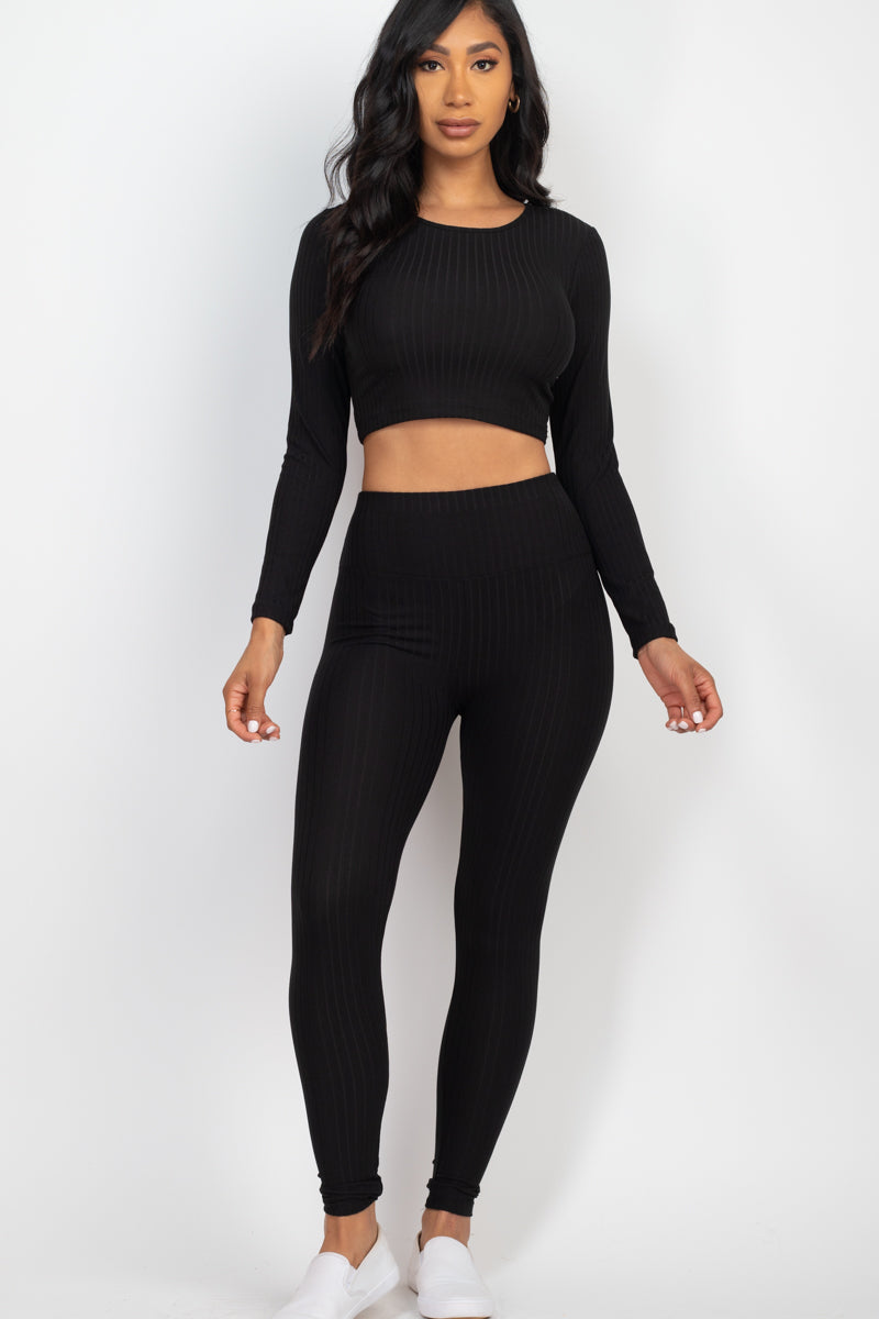 Ribbed Long Sleeve Crop Top and Leggings Ensemble