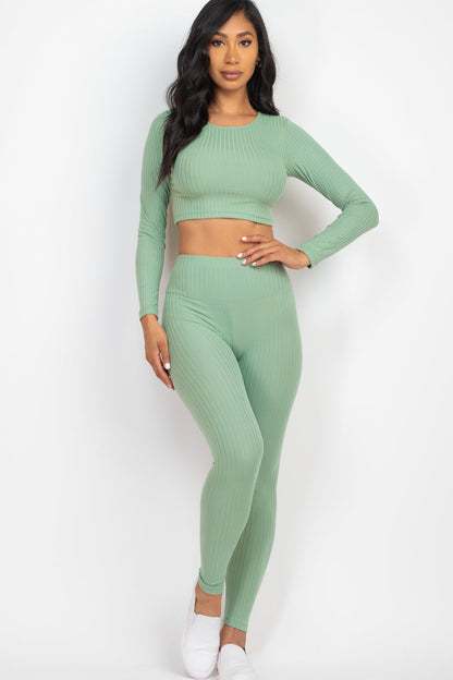 Ribbed Long Sleeve Crop Top and Leggings Ensemble