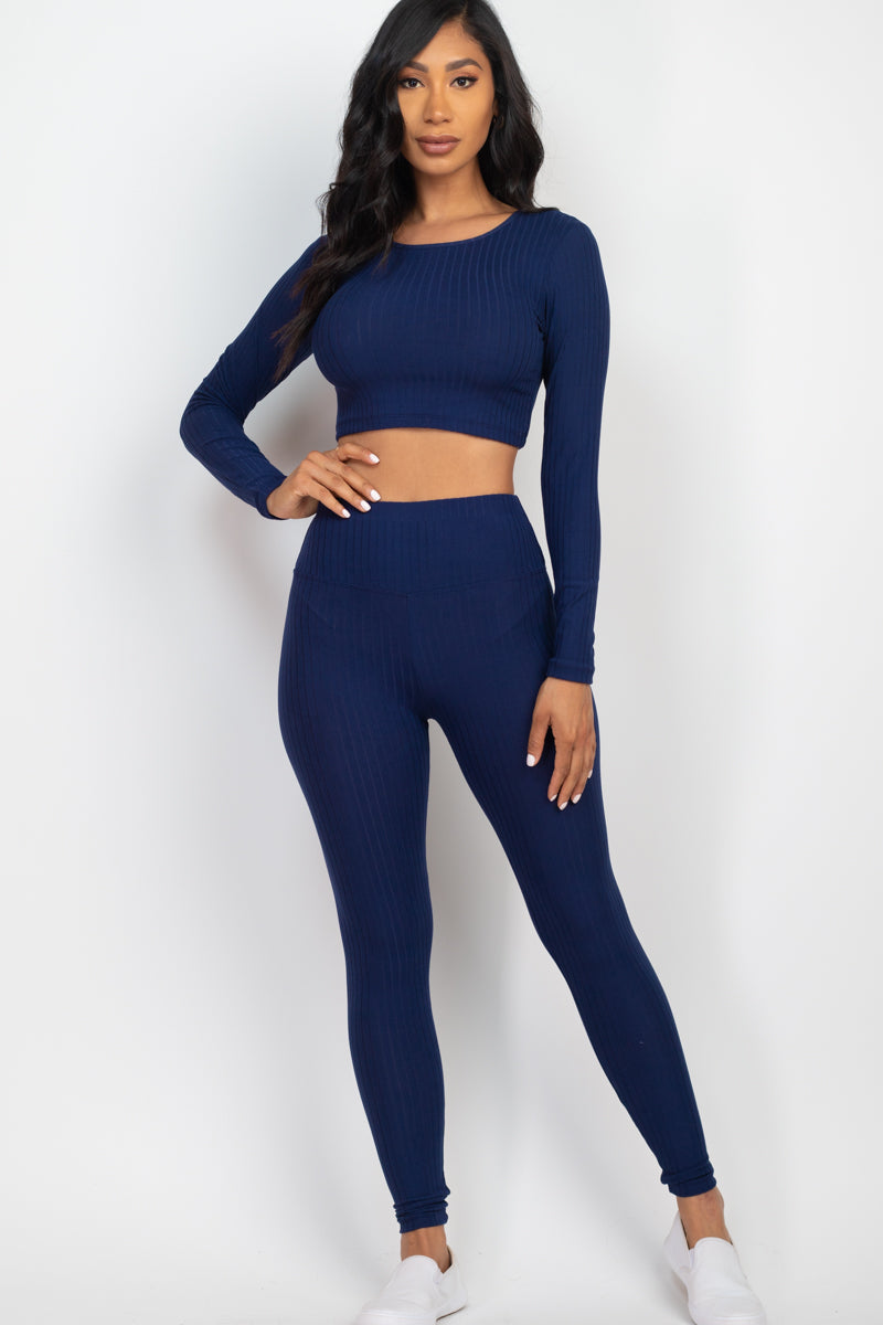 Ribbed Long Sleeve Crop Top and Leggings Ensemble