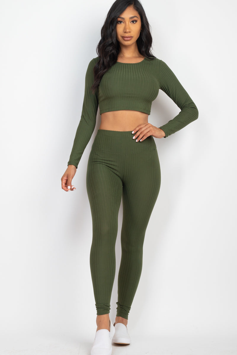 Ribbed Long Sleeve Crop Top and Leggings Ensemble