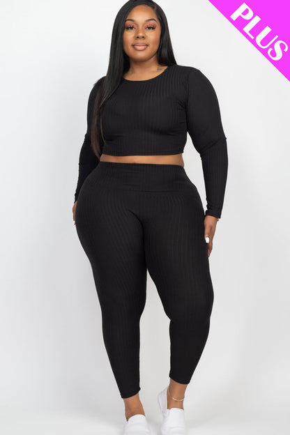 Long Sleeve Crop Top and Leggings Set in Plus Size Ribbed Fabric