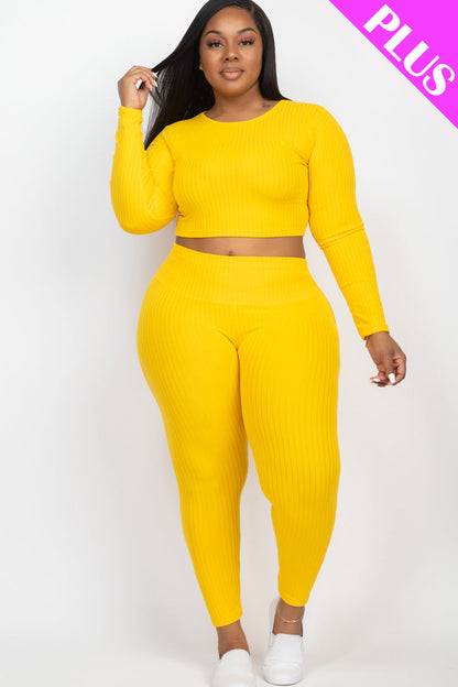 Long Sleeve Crop Top and Leggings Set in Plus Size Ribbed Fabric