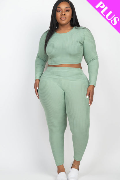 Long Sleeve Crop Top and Leggings Set in Plus Size Ribbed Fabric