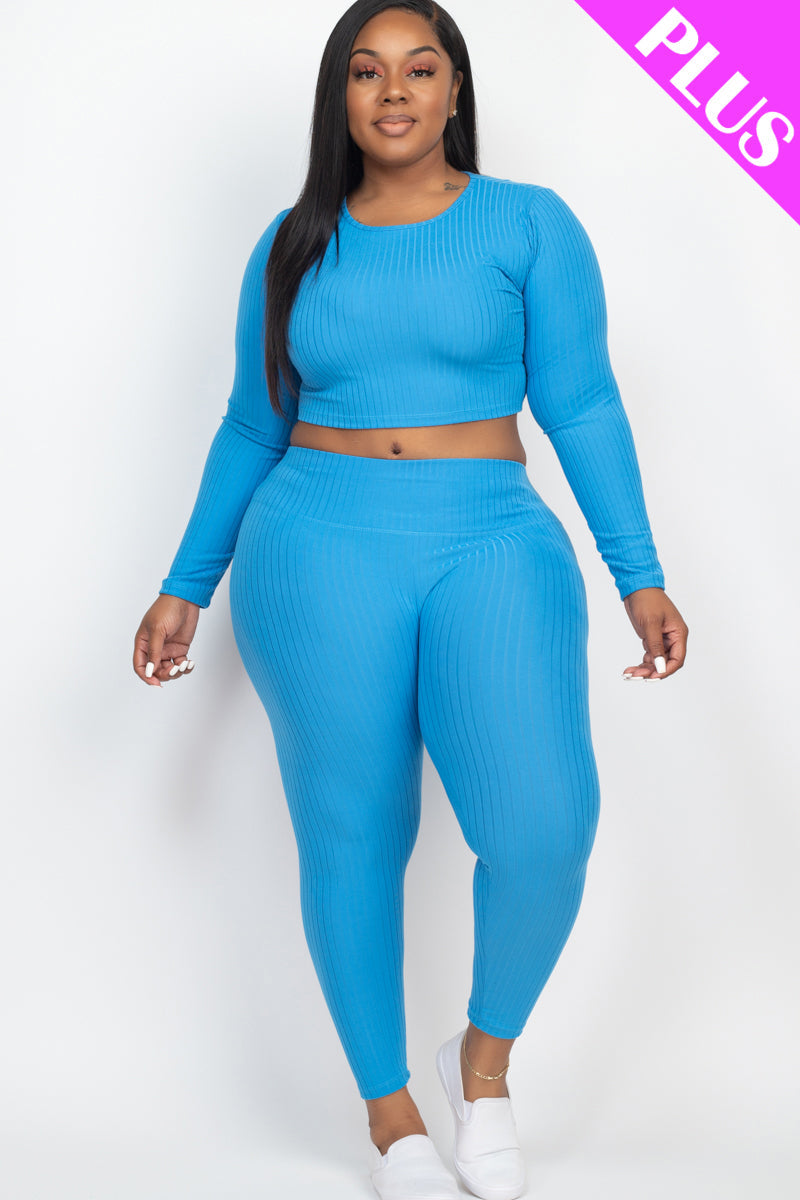 Long Sleeve Crop Top and Leggings Set in Plus Size Ribbed Fabric