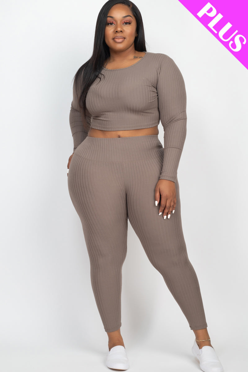 Long Sleeve Crop Top and Leggings Set in Plus Size Ribbed Fabric