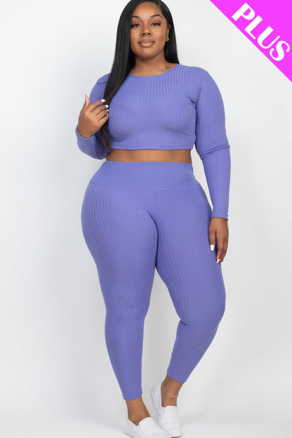 Long Sleeve Crop Top and Leggings Set in Plus Size Ribbed Fabric