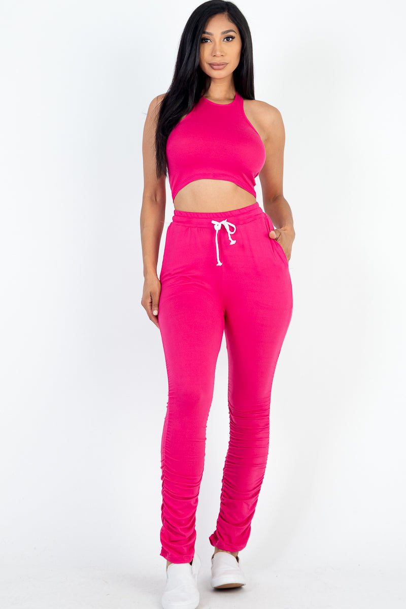 Ruched Pants Set with Crop Tank Top