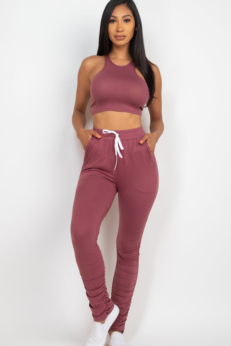 Ruched Pants Set with Crop Tank Top