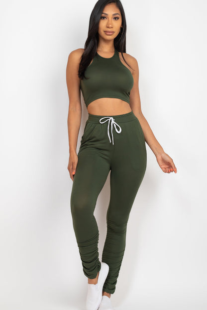 Ruched Pants Set with Crop Tank Top