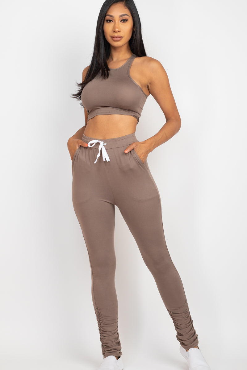 Ruched Pants Set with Crop Tank Top