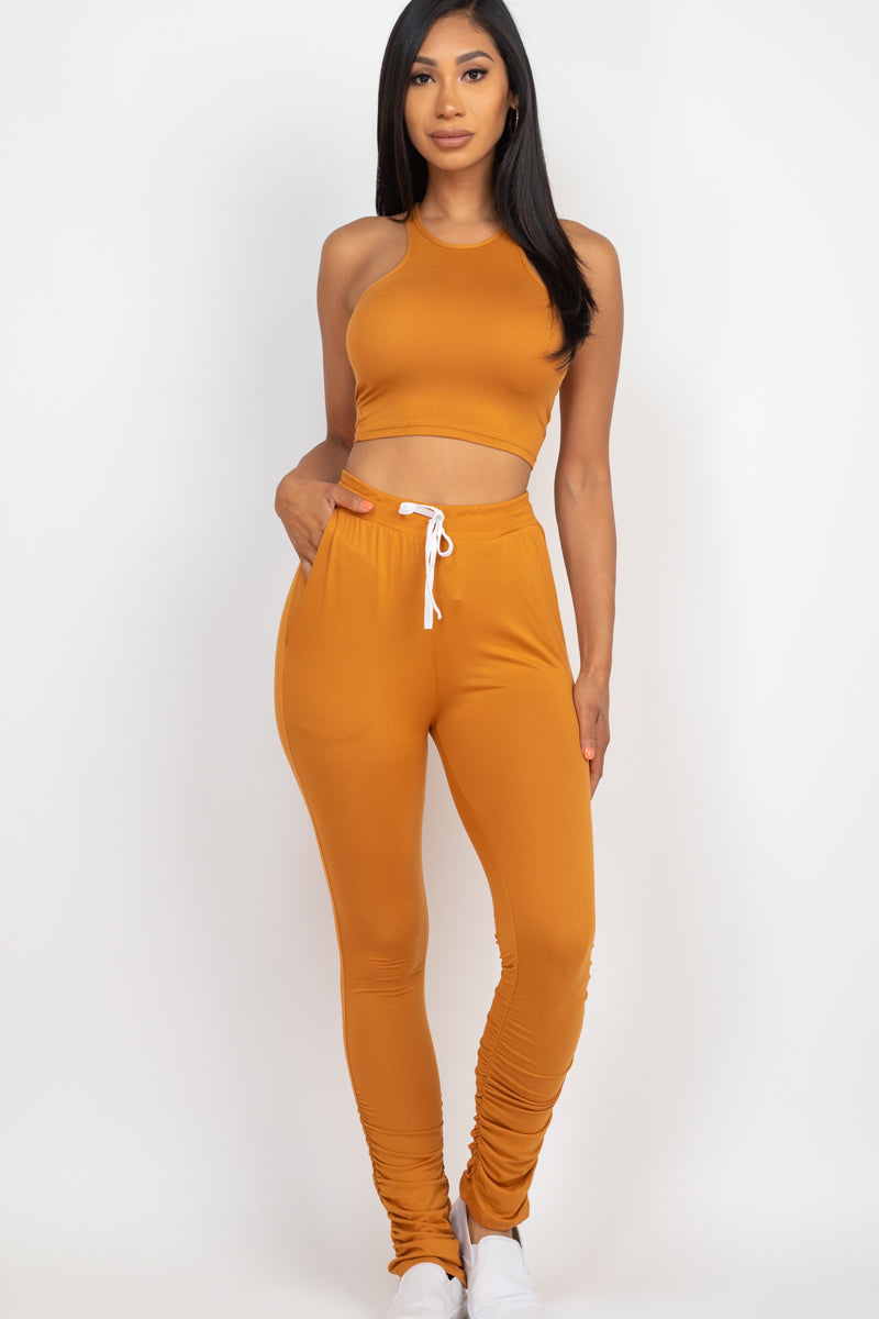 Ruched Pants Set with Crop Tank Top