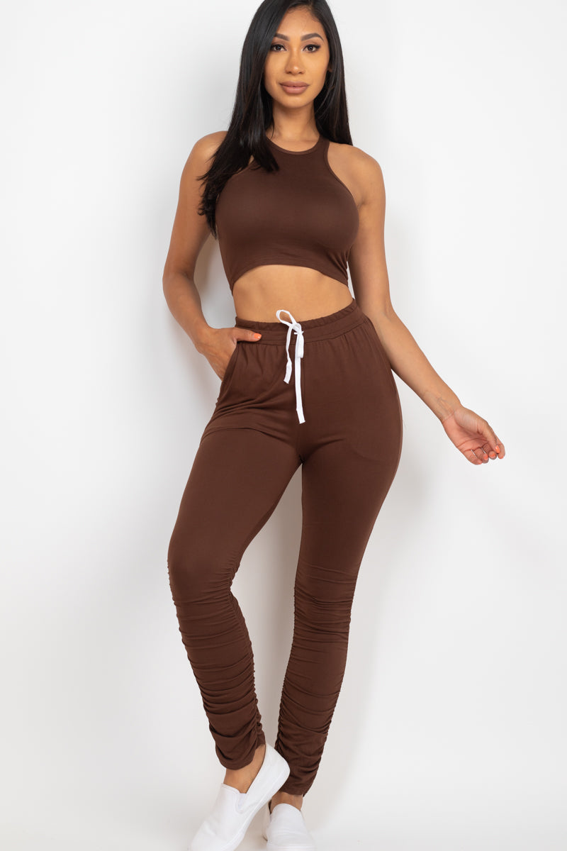 Ruched Pants Set with Crop Tank Top