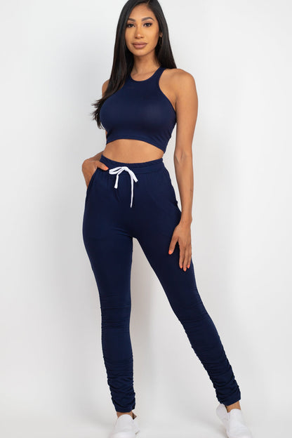 Ruched Pants Set with Crop Tank Top