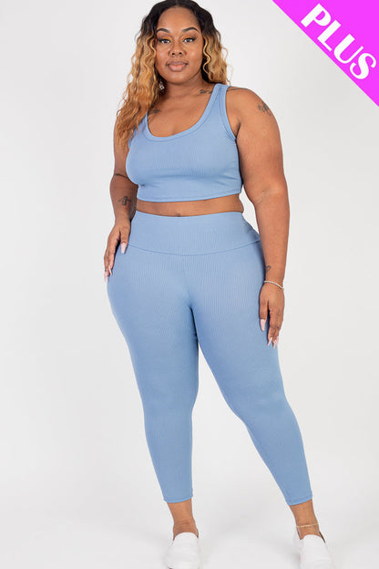 Crop Top and Leggings Set in Plus Size Ribbed Fabric