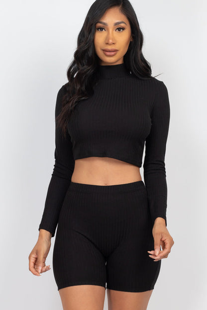 Ribbed Crop Top with Mock Neck and Shorts Ensemble