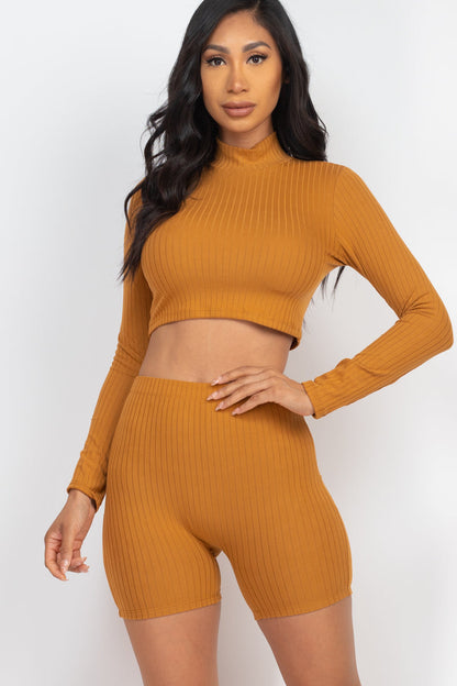 Ribbed Crop Top with Mock Neck and Shorts Ensemble