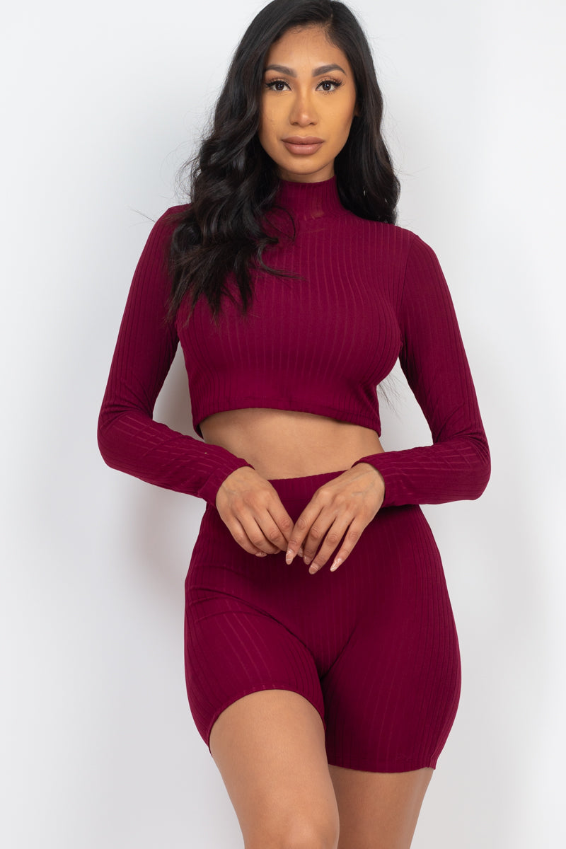 Ribbed Crop Top with Mock Neck and Shorts Ensemble