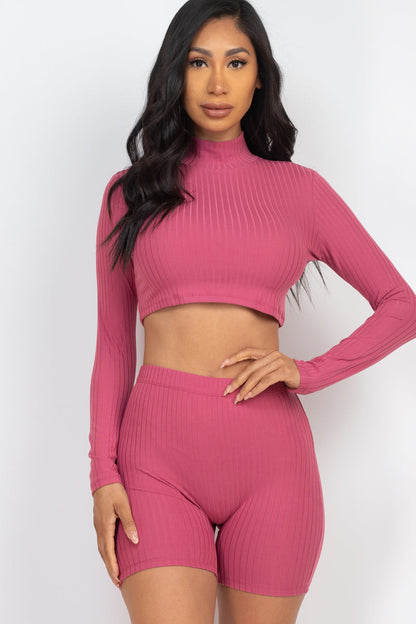 Ribbed Crop Top with Mock Neck and Shorts Ensemble