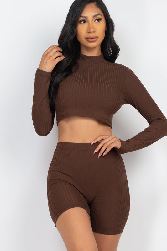 Ribbed Crop Top with Mock Neck and Shorts Ensemble