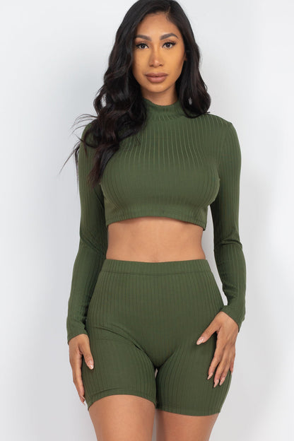 Ribbed Crop Top with Mock Neck and Shorts Ensemble