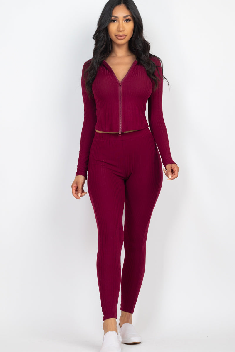 Ribbed Long Sleeve Top with Zip Front & Leggings Ensemble