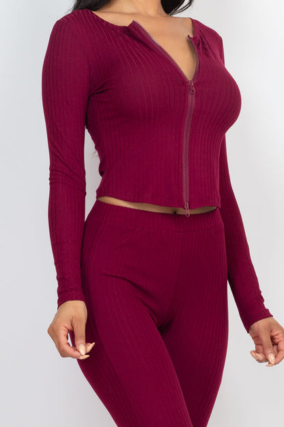 Ribbed Long Sleeve Top with Zip Front & Leggings Ensemble