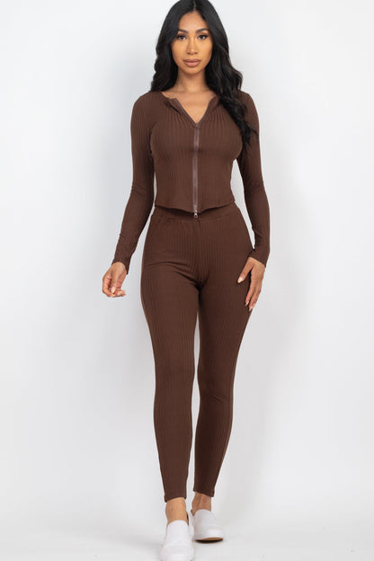 Ribbed Long Sleeve Top with Zip Front & Leggings Ensemble