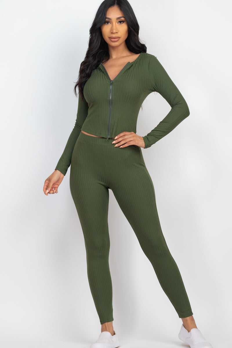 Ribbed Long Sleeve Top with Zip Front & Leggings Ensemble