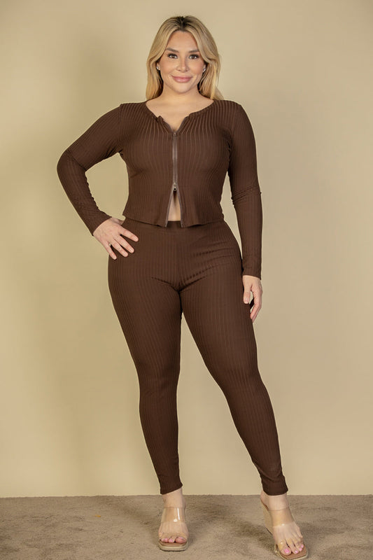 Plus Size Ribbed Long Sleeve Zip-Up Top and Leggings Outfit