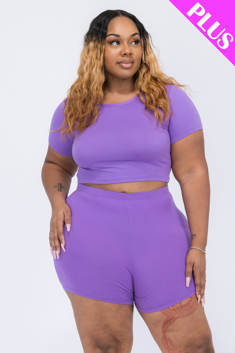 Plus Size Crop Top and Shorts Set with Short Sleeves