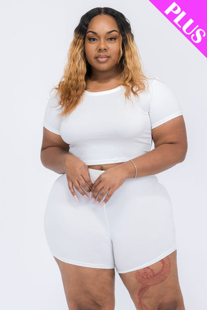 Plus Size Crop Top and Shorts Set with Short Sleeves