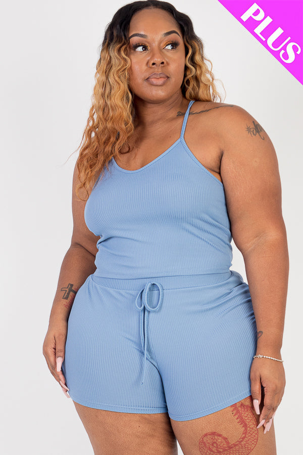 Crop Cami Top and Shorts Set in Plus Size Ribbed Fabric