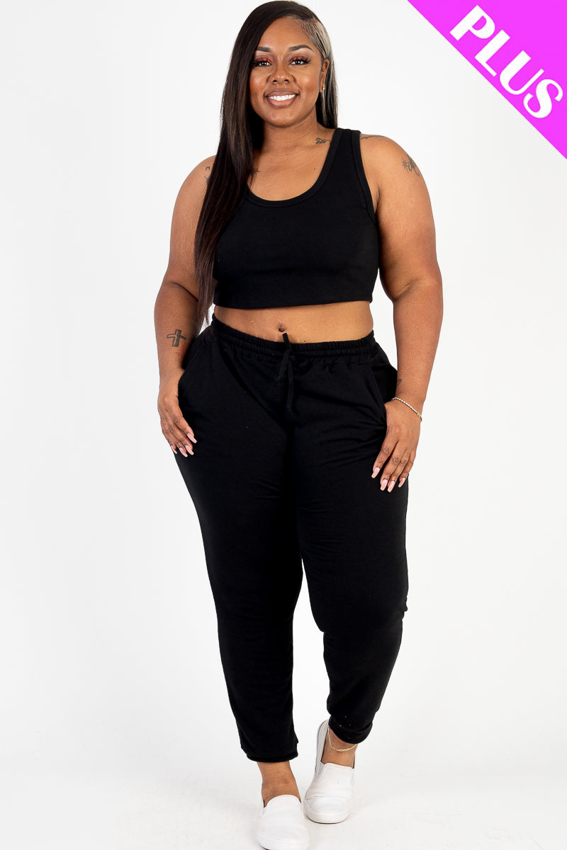 French Terry Crop Tank Top & Joggers Set in Plus Size