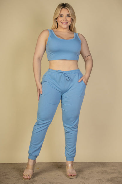 French Terry Crop Tank Top & Joggers Set in Plus Size