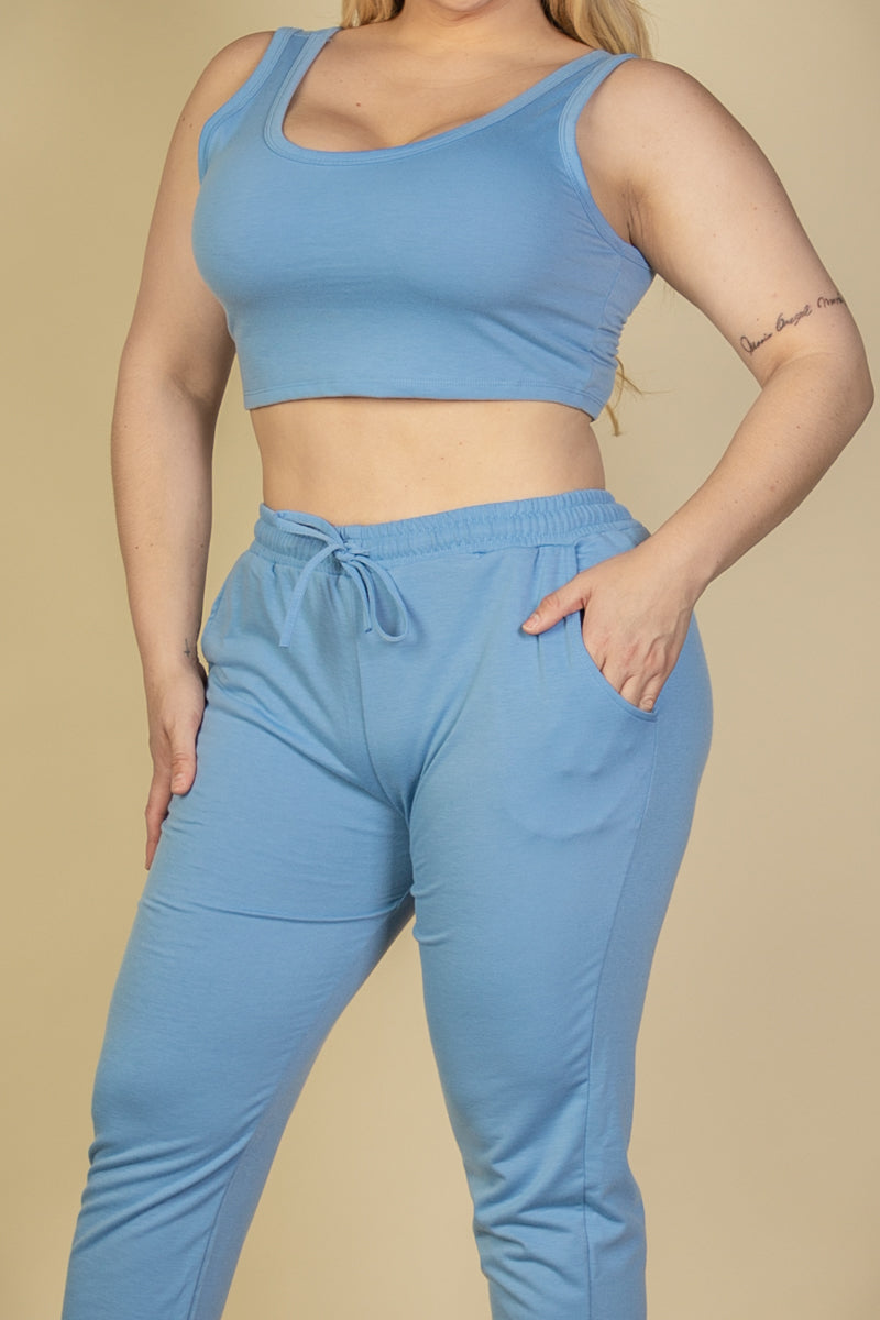 French Terry Crop Tank Top & Joggers Set in Plus Size