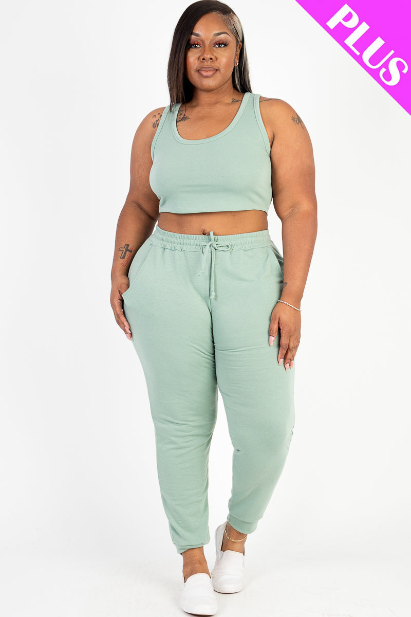 French Terry Crop Tank Top & Joggers Set in Plus Size