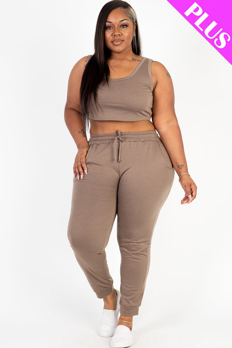 French Terry Crop Tank Top & Joggers Set in Plus Size