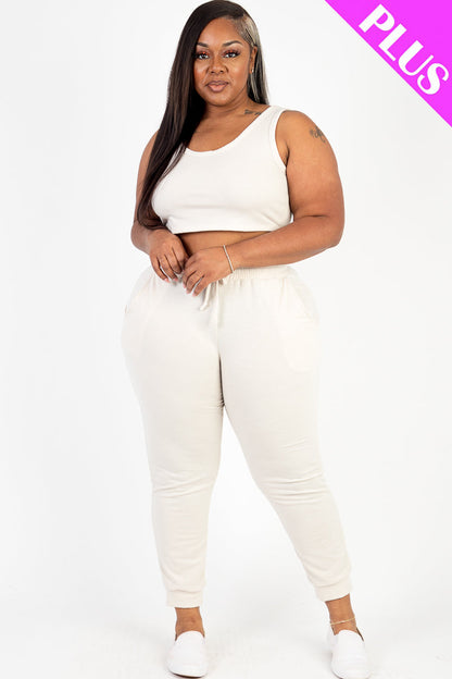 French Terry Crop Tank Top & Joggers Set in Plus Size