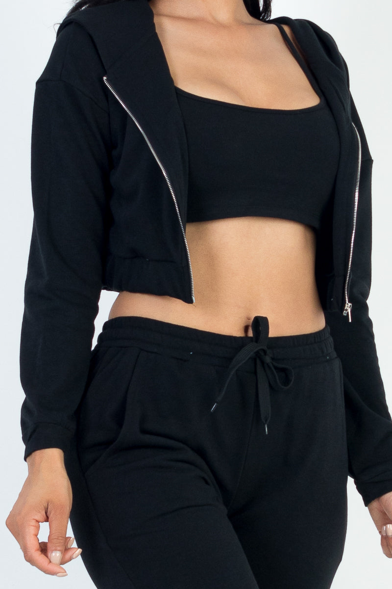 Zip-Up Jacket and Joggers Set with Cropped Cami in French Terry Fabric