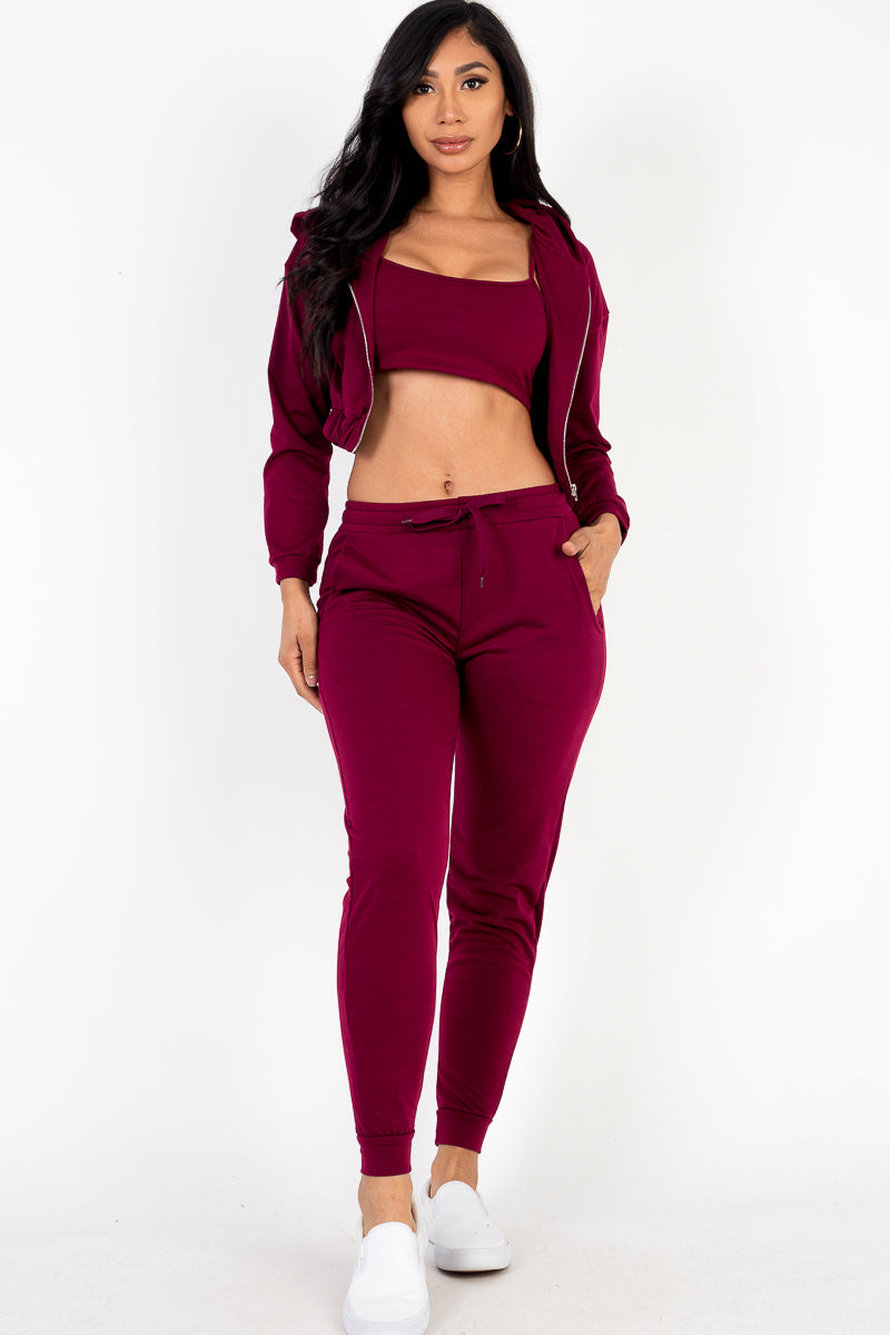 Zip-Up Jacket and Joggers Set with Cropped Cami in French Terry Fabric